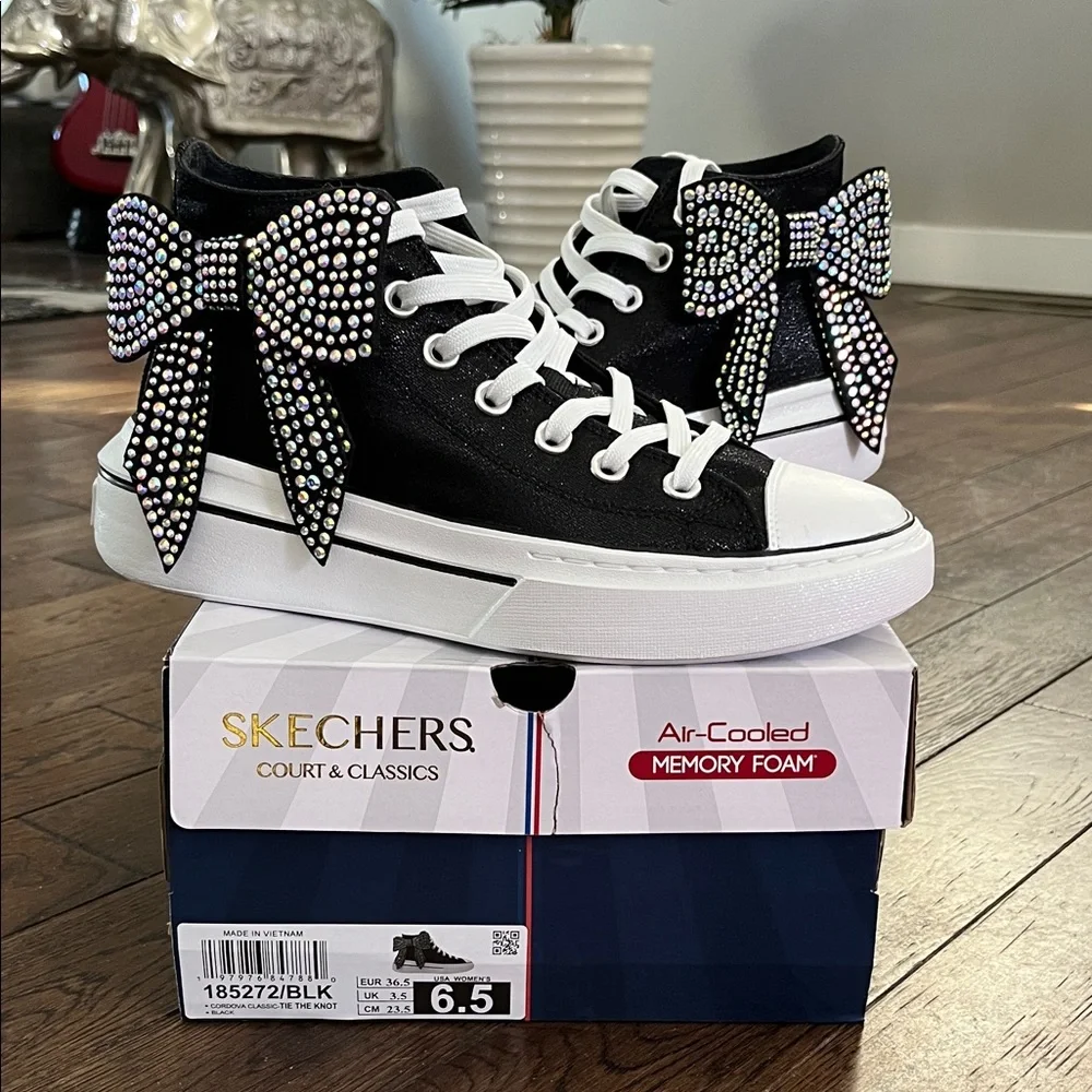 Women’s Skechers Black High-Tops with Rhinestone Bows - Picture 1 of 1